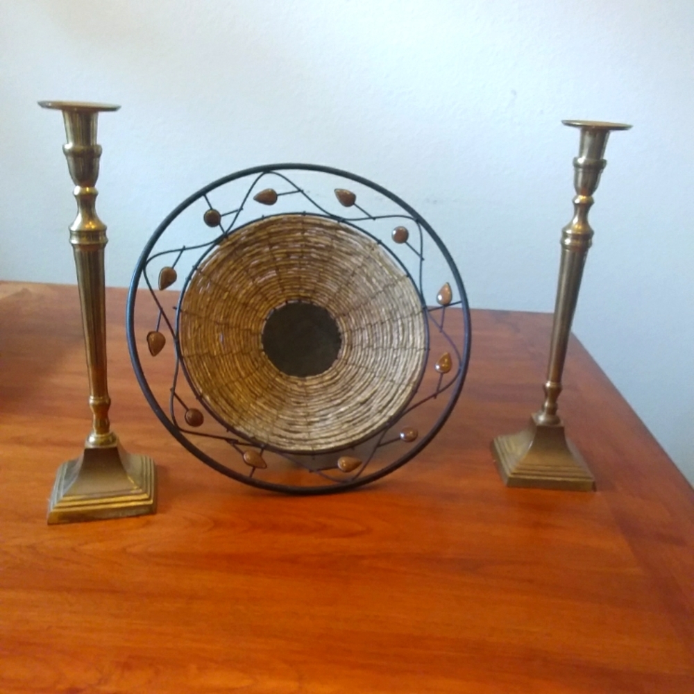 Brass candles holder and woven basket